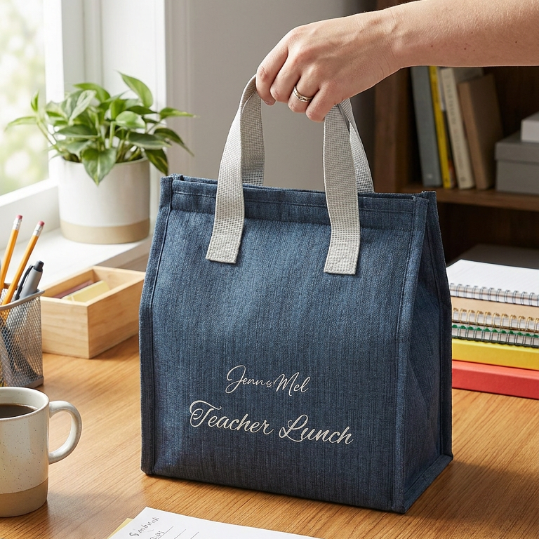 Person holding a blue insulated lunch bag on a desk with a coffee cup and papers.