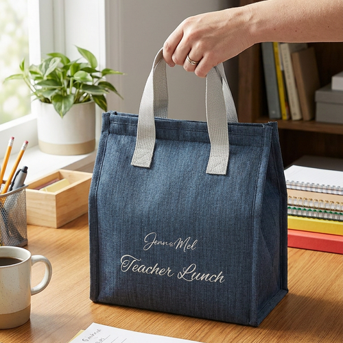 Person holding a blue insulated lunch bag on a desk with a coffee cup and papers.